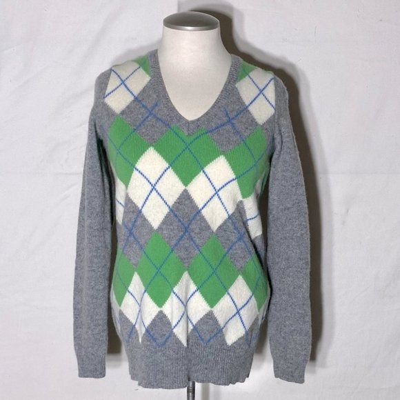 GAP Grey White Green Argyle Lambswool Knit V  Neck Sweater S - Picture 1 of 11